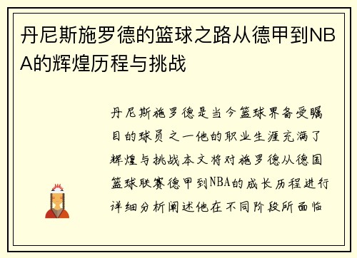 丹尼斯施罗德的篮球之路从德甲到NBA的辉煌历程与挑战